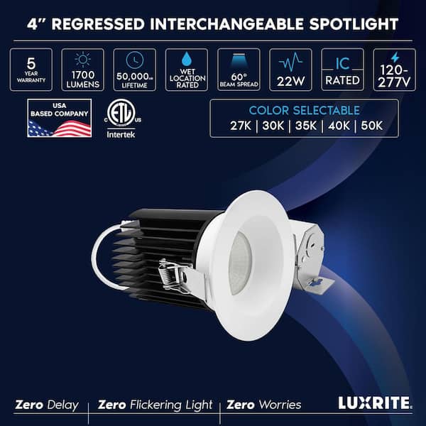 4 In. Integrated LED Trimless Regressed Spotlight with Round White Trim, 5CCT, 60º, 22W, 1700LM, Dimmable, IC Rated