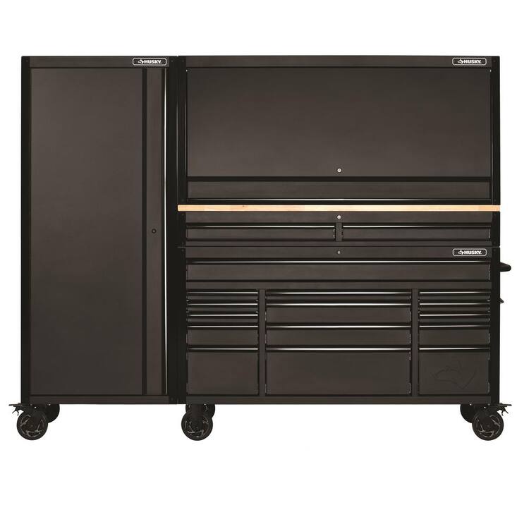 Husky 61 in. W x 23 in. D Heavy-Duty 17-Drawer Mobile Workbench Combo with Hutch and Side Locker in Matte Black