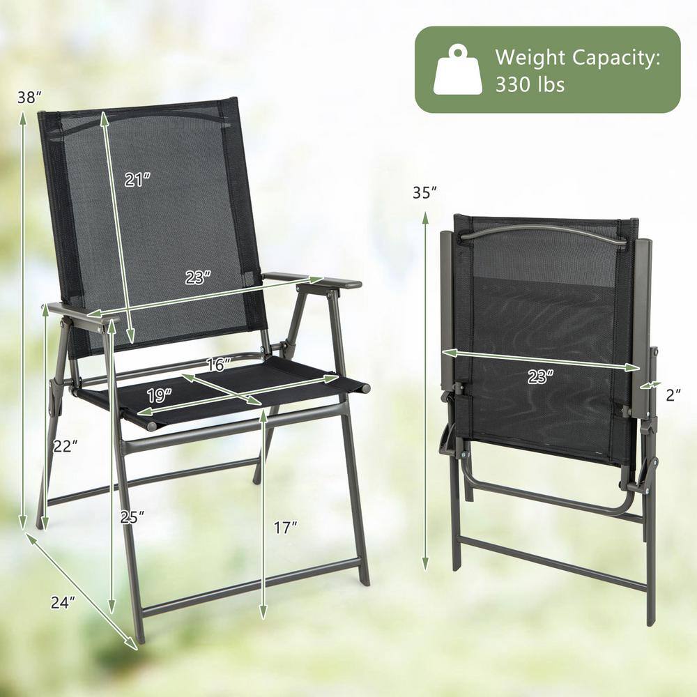 Black and Gray Metal Folding Outdoor Dining Chairs with Armrests, Set of 2
