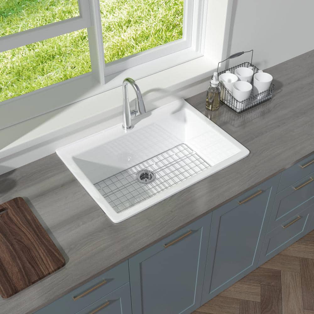 30'' Glossy White Fireclay Drop-In Single Bowl Kitchen Sink
