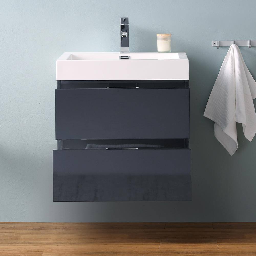 Valencia 24" Glossy Gray Wall Mount Vanity with Acrylic Sink