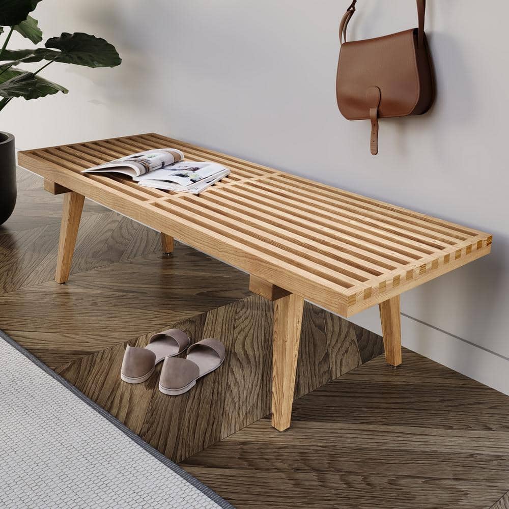 Natural Wood 48" Slatted Bench with Storage