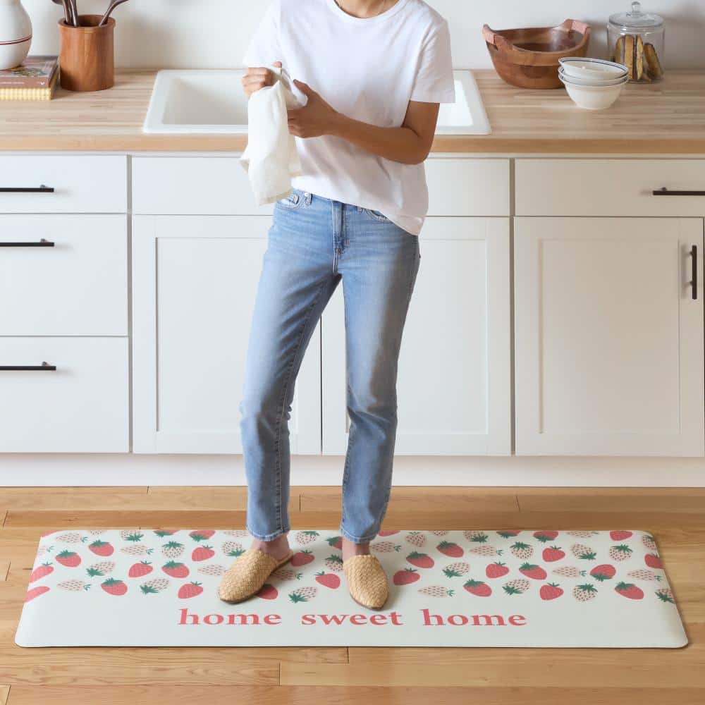 Home Sweet Home Pink and Green PVC Kitchen Mat with Strawberry Pattern