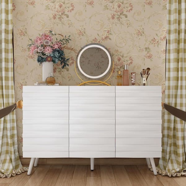 FUFU&GAGA 47.2 in. Width White Rectangle Wooden End Table, Sideboard, Dresser with 4-Shelves and Wavy Alternating Stripes Surface