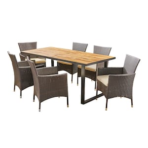 Hartland Teak Brown 7-Piece Wood and Multi-Brown Faux Rattan Outdoor Dining Set with Beige Cushions