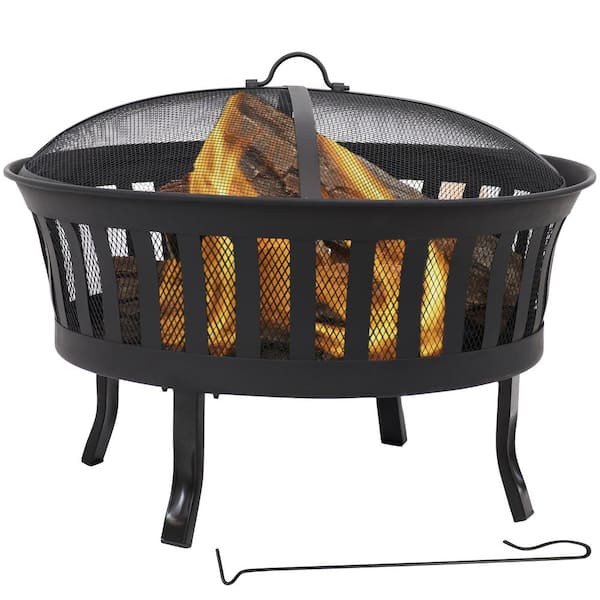 Sunnydaze 25 in. Steel Mesh Stripe Cutout Fire Pit with Spark Screen and Poker