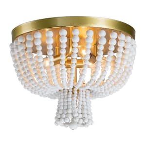 13.75 in. 3-Light Gold Flush Mount with White Wood Beads
