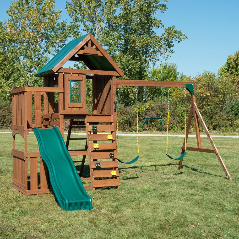 Elkhorn Wooden Backyard Swing Set with Slide and Climbing Wall