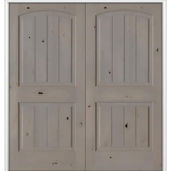 60 in. x 80 in. Knotty Alder 2-Panel Arch Top VG Both Active Weathered Gray Stain Wood Double Prehung Interior Door