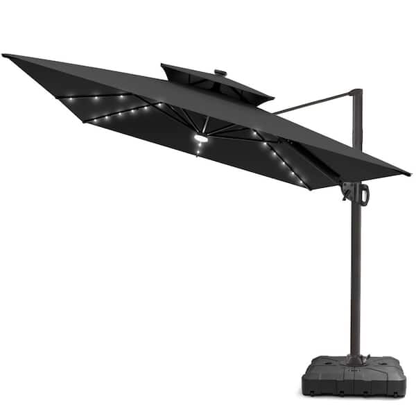 Pellebant Solar LED Double Top 9 ft. x 11 ft. Outdoor Cantilever 360° Rotation Tiltable Patio Umbrella with Base in Black