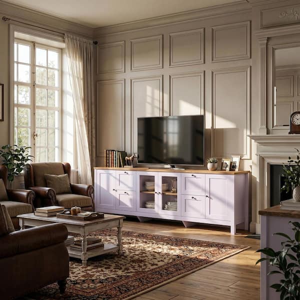 Light Lavender Wood Grain Farmhouse TV Stand Center Fits TV's up to 90 in. with 4-Drawer, Adjustable Shelf, Cable Holes