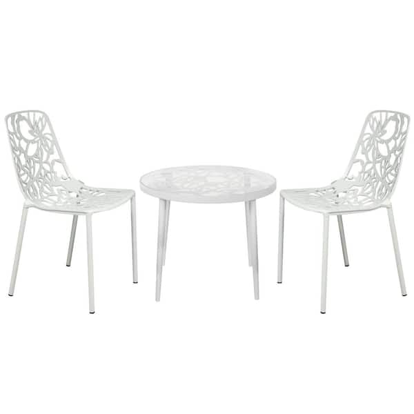 Leisuremod Devon 3-Piece Aluminum Outdoor Dining Set with Round Table with Glass Top and 2 Stackable Chairs in White