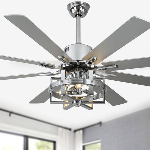 Vintlume 65 in. Indoor Chrome Metal Caged Ceiling Fan with Light, 6-Speed Reversible Ceiling Fan with Remote Bella Depot Ceiling Fans With Lights