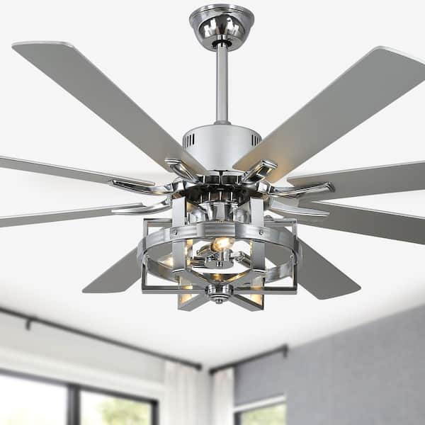 Bella Depot Vintlume 65 in. Indoor Chrome Metal Caged Ceiling Fan with Light, 6-Speed Reversible Ceiling Fan with Remote
