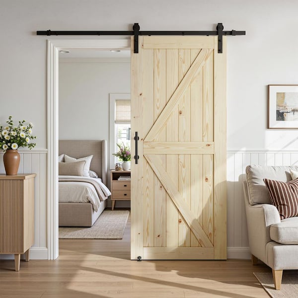 K Model 42 in. x 96 in. Unfinished Natural Solid Wood Interior Sliding Barn Door with Hardware Kit