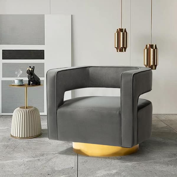 JAYDEN CREATION Bettina Contemporary Grey Velvet Comfy Swivel Barrel Chair with Open Back and Metal Base