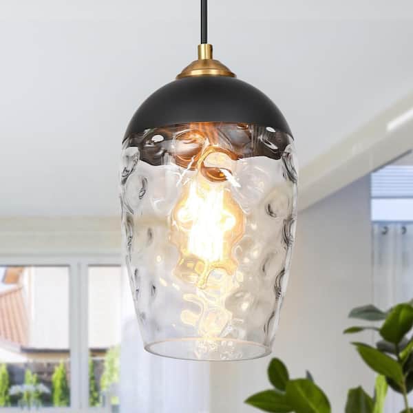 Zevni 1-Light Mini Hanging Pendant Light, Black Kitchen Island Pendant Light, Brass Gold Entryway Chandelier with Water Glass