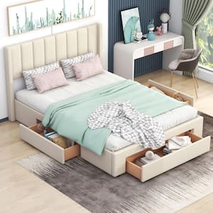 Beige Wood Frame Queen Size Linen Upholstered Platform Bed with 3-Drawer