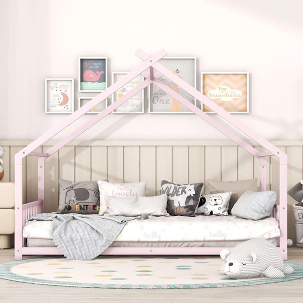 Pink Metal Frame Full Platform Bed with Roof