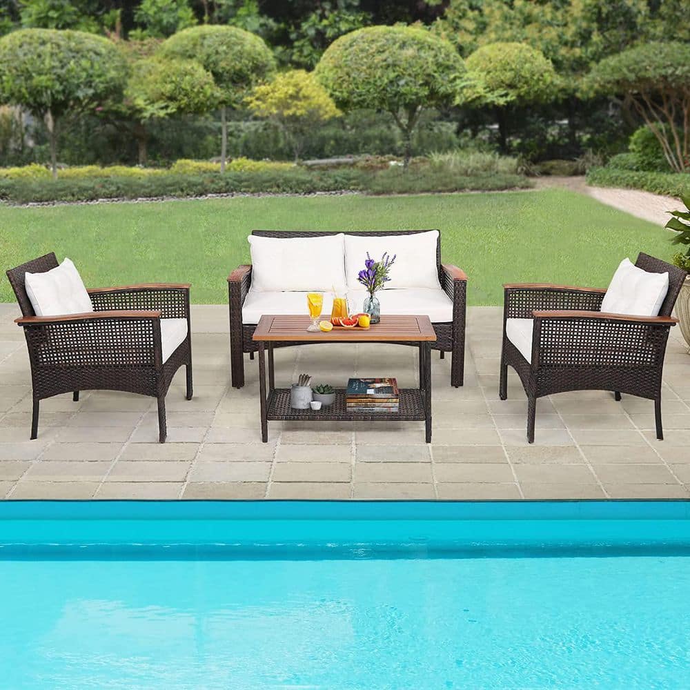 4-Piece Brown Steel Patio Conversation Set with White Cushions