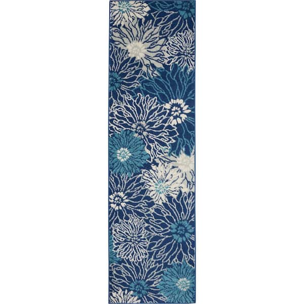Nourison Passion Navy/Ivory 2 ft. x 8 ft. Floral Contemporary Kitchen Runner Area Rug