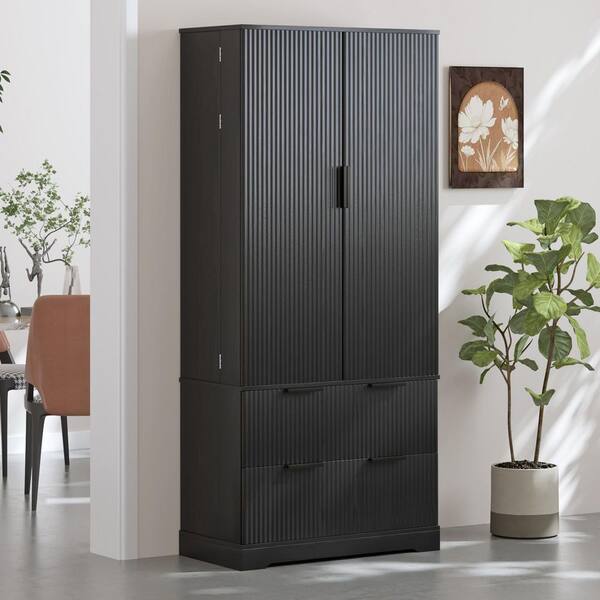 Ethen Modern Black Fluted 71.65 in. Tall Kitchen Pantry Cabinet with 2 Large Drawers, 8-Door Spice Rack