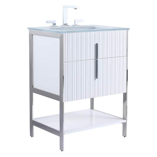 FINE FIXTURES 24 in. W x 18 in. D x 33.5 in. H Bath Vanity in White Matte with Glass Vanity Top in White With Chrome Hardware