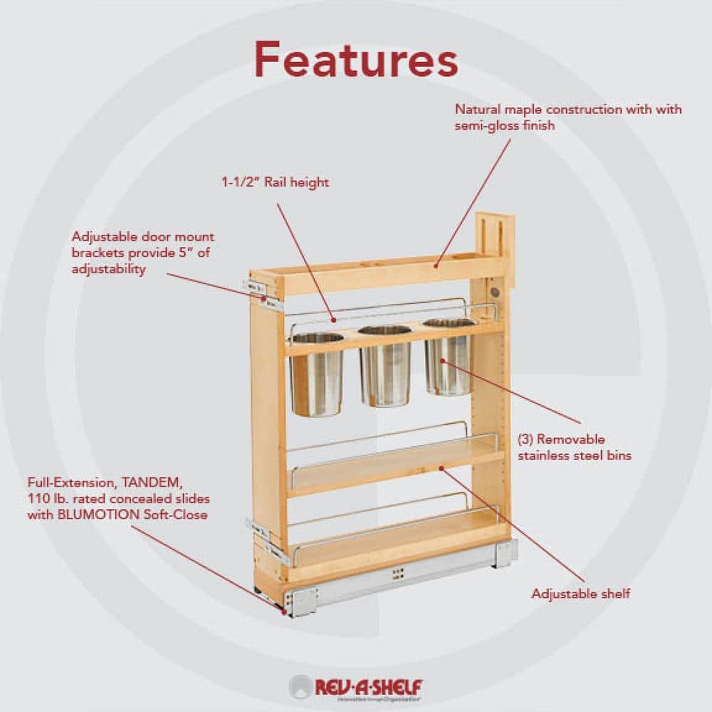 Rev-A-Shelf 5" Natural Wood Pull-Out Cabinet Organizer with Stainless Steel Bins