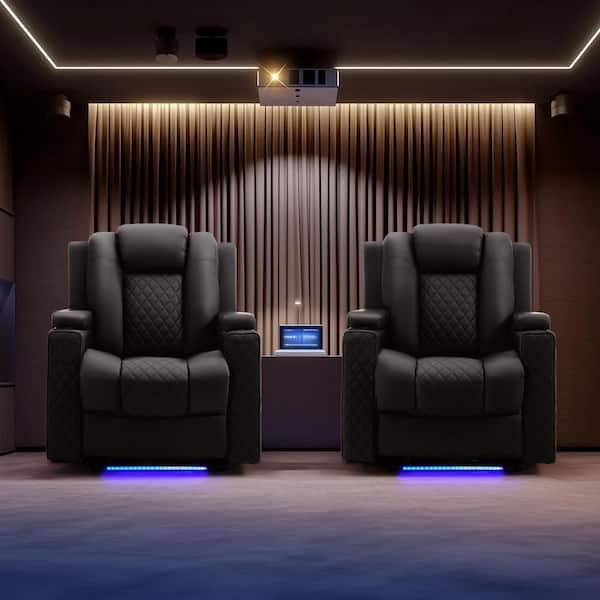 Power Recliner Chair PU Leather Electric Massage Recliner Sofa with Cup Holders and LED Lighting, Black