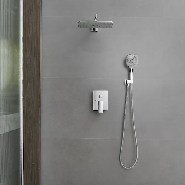 Luxurious Single Handle 2-Spray 11.53 in. Wall Mount Rectangle Shower Head with Hand Shower Faucet in Polished Chrome