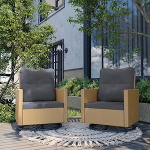 2-Piece Wicker Outdoor Rocking Chair Patio Swivel Chair with Gray Cushions