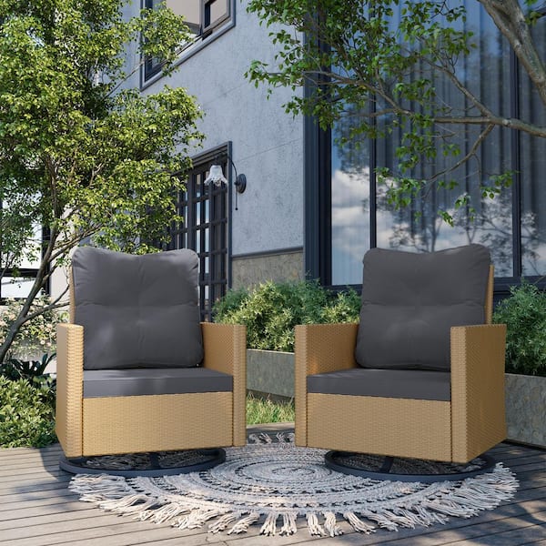 UPHA 2-Piece Wicker Outdoor Rocking Chair Patio Swivel Chair with Gray Cushions