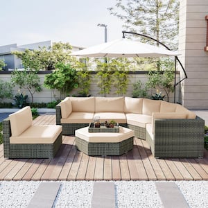 110 in. 6 Piece Patio L-Shaped Square Arm Conversation Sofa Outdoor Beige Polyester Wicker Sectional with Ottoman, Trays