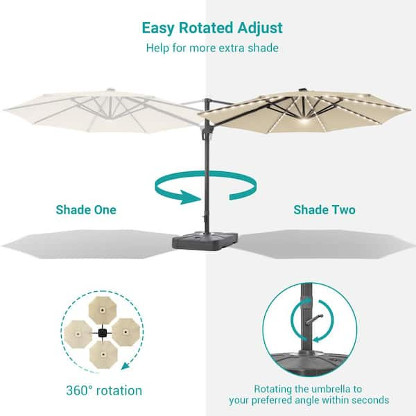 11 ft. Round Solar LED Aluminum 360-Degree Rotation Cantilever Offset Outdoor Patio Umbrella with a Base in Sand