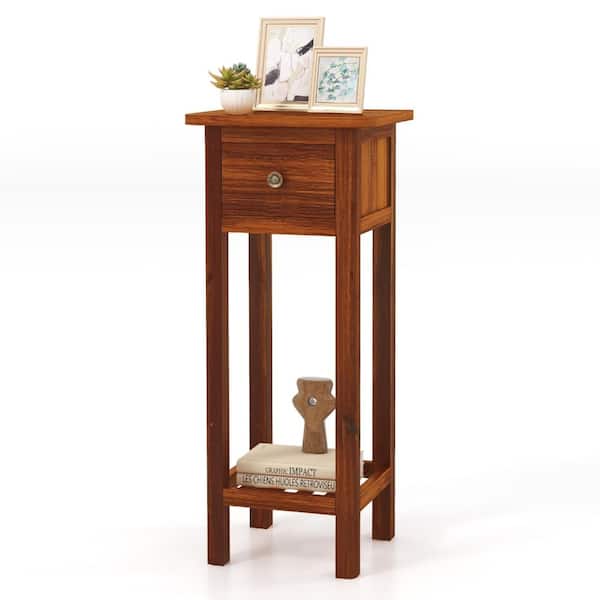 Slim Nightstand, Drawer and Lower Shelf, 2-Tier Bedside Table for Small Spaces