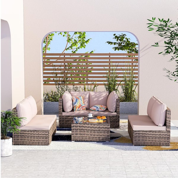 Cesicia Brown Frame 7-Piece Wicker Patio Conversation Set with Beige Cushions Pillows and Glass Table