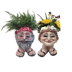 13 in. H Hippie Jerry and Hippie Chick Janice Painted Muggly Face Planter Statue Holds 4 in. Pot