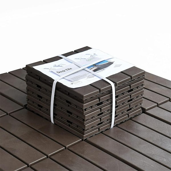 Siavonce Patio Interlocking Deck Tiles, 12"x12" Square Composite Decking Tiles, Four Slat Plastic Flooring Tile, Brown, Pack of 9