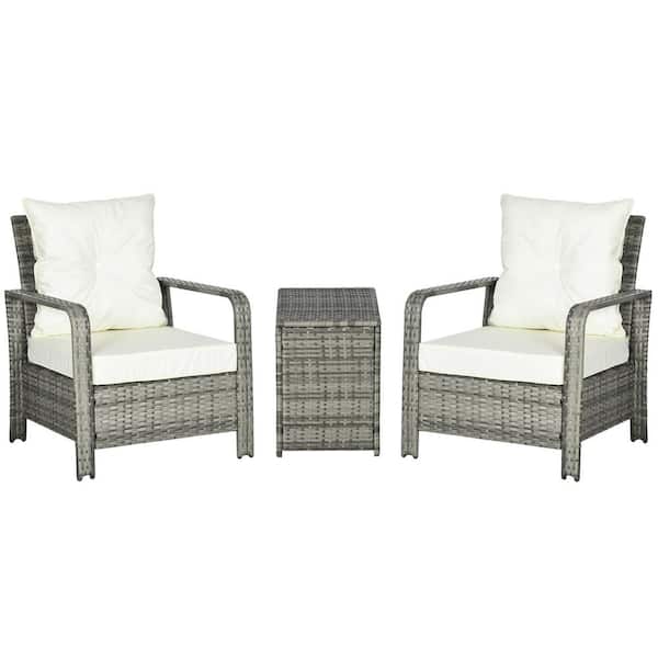 Casual Beige 3-Piece Wicker Outdoor Bistro Set with Storage Table and Beige Cushion