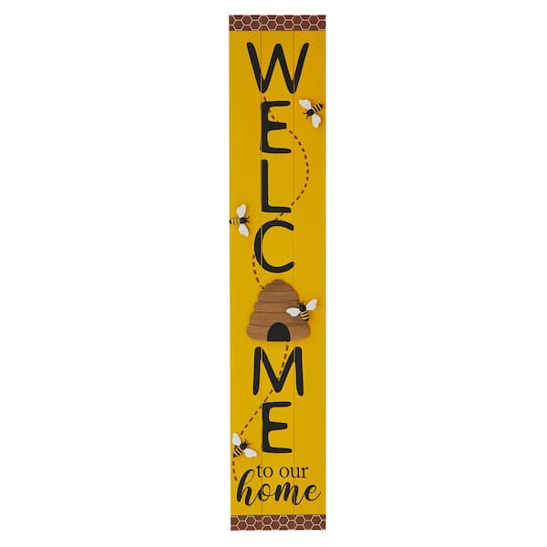Glitzhome 42 in. H Solid Wood Welcome Porch Sign with Bee