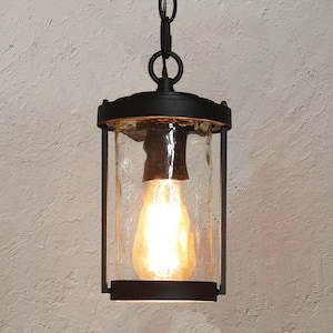 Modern Cylinder Outdoor Porch Pendant Light 1-Light Matte Black Farmhouse Patio Hanging Light with Water Glass Shade