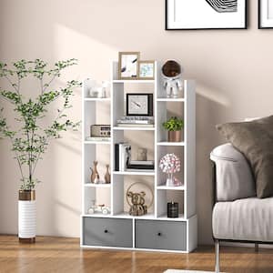 52 in. Tall White Engineered Wood 12-Shelves Modern Organizer with 2-Non-woven Fabric Drawer Bookcase