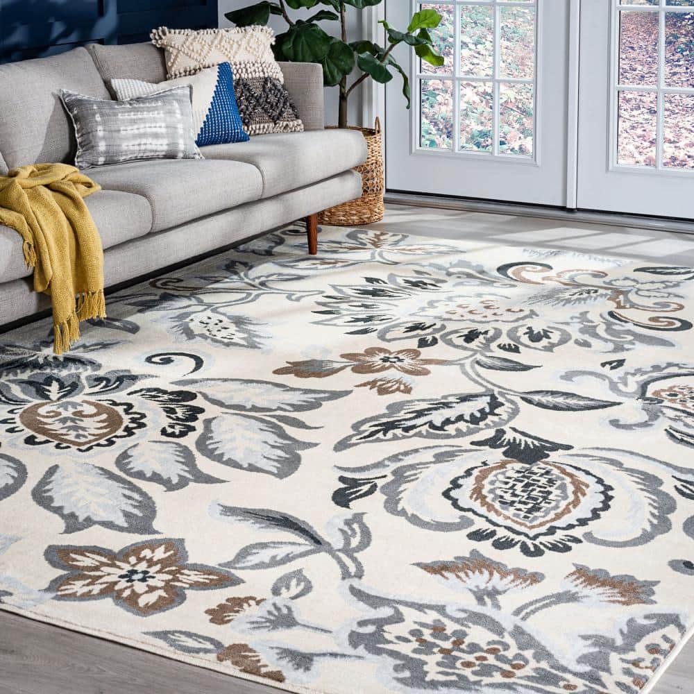 Gray Floral Synthetic Reversible 8' x 10' Area Rug