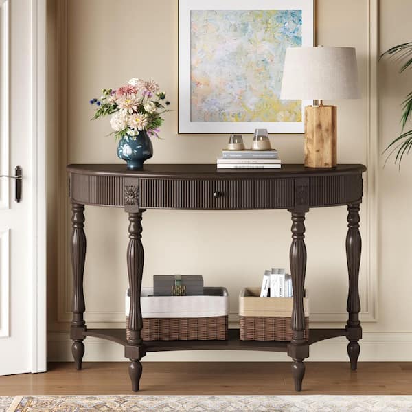 45.27 in. Deep Rustic Brown Half-Moon Wood Console Table with Drawer, Bottom Shelf and Roman Column Legs