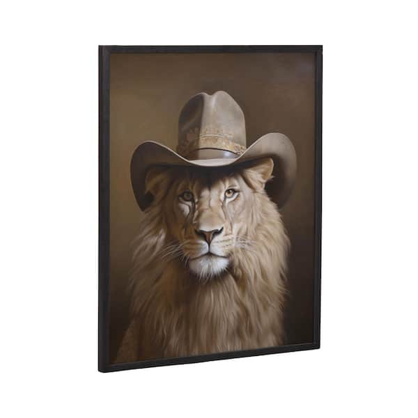 Kate and Laurel Gallery Lion Wearing a Western Cowboy Hat by Black Framed Art Print 16 in. x 20 in.