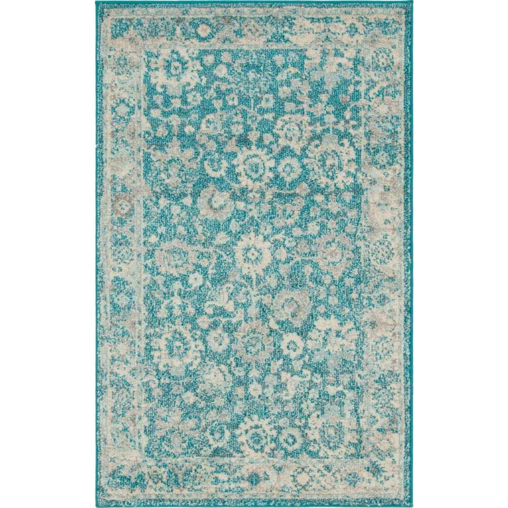 Turquoise Floral Synthetic Easy Care Rectangular Area Rug