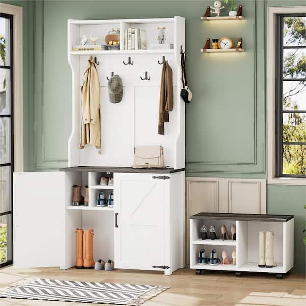 Nestfair 76.9 in. H White Freestanding Hall Tree with Movable Bench 6 Brake Wheels and 7 Hanging Hooks