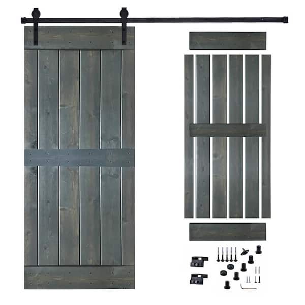 Akicon 30 in. x 84 in. Grey Painted Wood Sliding Door with Hardware Kit, Pre-Drilled Ready to Assemble