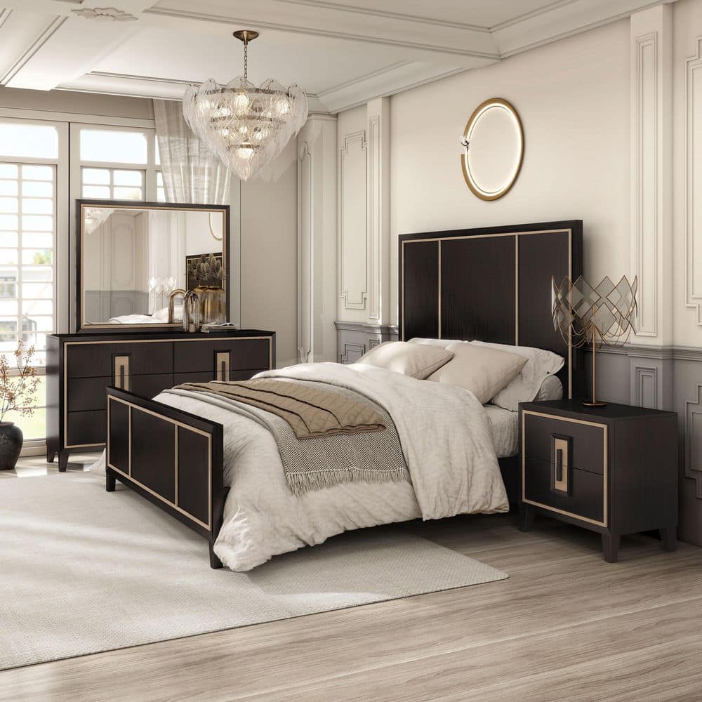 Demi 4-Piece Modern Espresso Wood Queen Panel Bedroom Set with Nightstand and Dresser/Mirror price history on PriceWatchPro