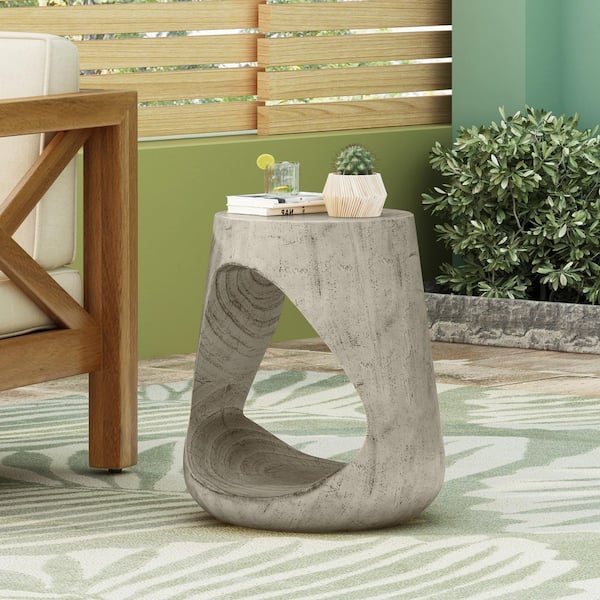 Gray Round Top Hollow MGO Concrete Outdoor Side Table with Wood-like Texture